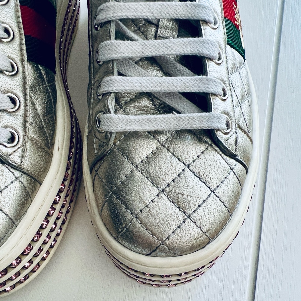 Gucci Silver Quilted Leather Bee Web Ace Crystal Embellished Platform Sneakers - Picture 13 of 16